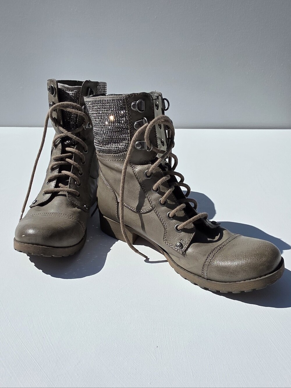G By Guesssize 7.5 Olive Lace-Up Combat Boots with Sparkling Cuff